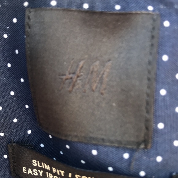 H&M Mens Long Sleeve Button Up Shirt, Navy Blue with White Dots Large Slim Fit - Picture 4 of 6